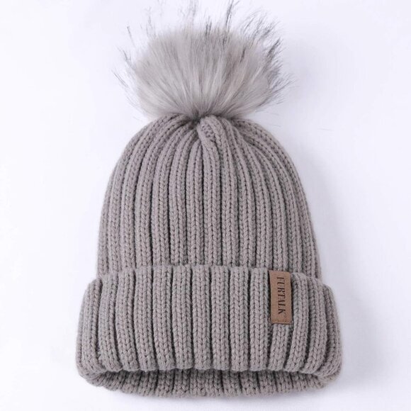 Women\'s Gray Winter Warm Knitted Beanie Faux Fur Pom Knit Skull Style Hat Cap main image 4